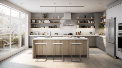 Spacious Kitchen Island with Bar Stools and Elegant Countertops