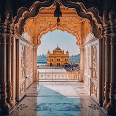 Majestic 3D Golden Temple: Abstract Artistic Representation of Shri Harmandir Sahib in Amritsar. Elegant Minimalist Design with Gradient Textures, Ideal for Cultural Marketing, UI Backgrounds, and Hig