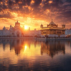 Majestic 3D Golden Temple: Abstract Artistic Representation of Shri Harmandir Sahib in Amritsar. Elegant Minimalist Design with Gradient Textures, Ideal for Cultural Marketing, UI Backgrounds, and Hig