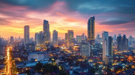 Obraz premium Cityscape Sunset: A breathtaking view of a modern metropolis bathed in the golden hues of a setting sun. 