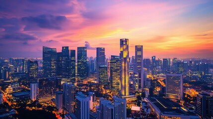 Fototapeta premium Singapore's Golden Hour Skyline: A breathtaking aerial panorama of Singapore's city center illuminated by the warm glow of sunset, with iconic skyscrapers piercing the vibrant sky. 