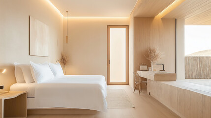 Hotel room with a small square painting on the left side wall, the artwork is placed next to the dressing table, natural wood flooring. The room also includes stylish modern accessories and furniture 