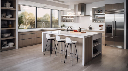 Spacious Kitchen Island with Bar Stools and Elegant Countertops