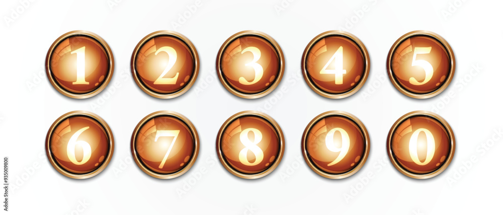 Leinwandbilder set of different color realistic golden shiny circle number button vector illustration.