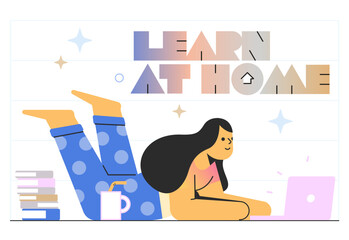 Learn at home text and the girl studies with a laptop and books