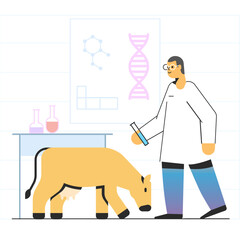 Scientist with a cow in the laboratory