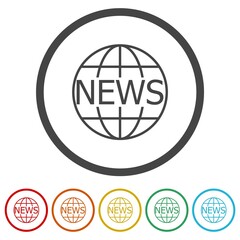 News globe sign icon. Set icons in color circle buttons