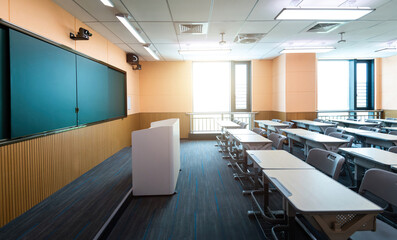 Modern classroom with desks and chairs