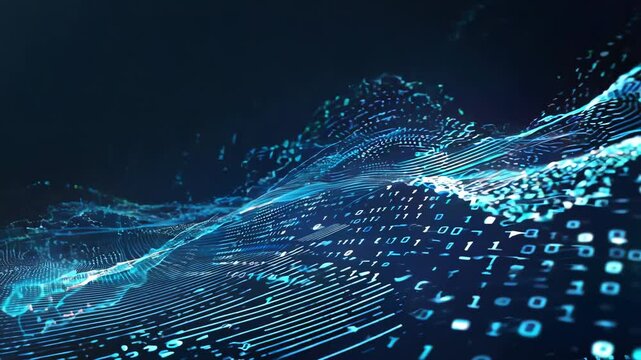 Abstract digital background featuring glowing blue lines and binary code, representing technology and data flow.