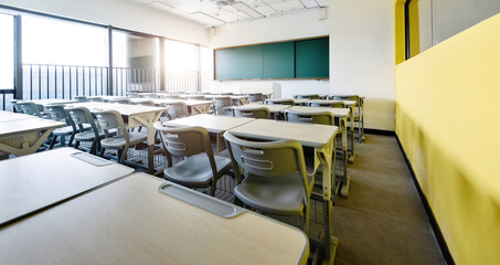 Modern classroom with desks and chairs