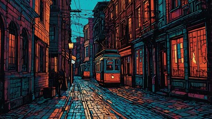 Fototapeta premium a Lino cut drawing of a city street , colorful , heavy strokes. AI generated 