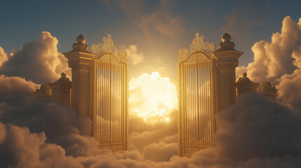 clouds over the city ,golden gates floating amongst the clouds, with a celestial glow emanating from within, illuminating the surrounding clouds in a soft,