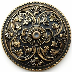 Close-up of an ornate vintage brass button featuring a detailed floral design and intricate metalwork, perfect for historical garments or crafts.

