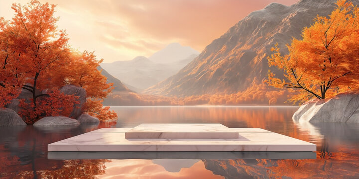 product display scene set in the fall season, featuring an orange mountain backdrop. 