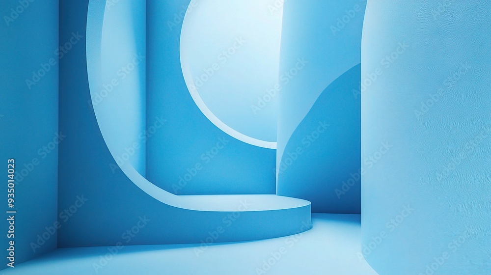 Poster azure serenity: a minimalist 3d rendering showcasing a serene blue space with smooth, abstract curve