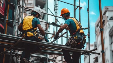 Fototapeta premium Two construction workers wearing hard hats and safety vests are working on a scaffolding.
