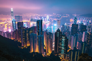 Obraz premium A panoramic view of a citys skyline at night