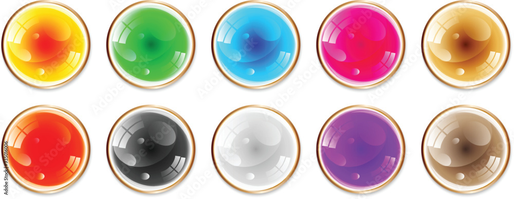 Poster set of different color realistic glossy circle button vector illustration.