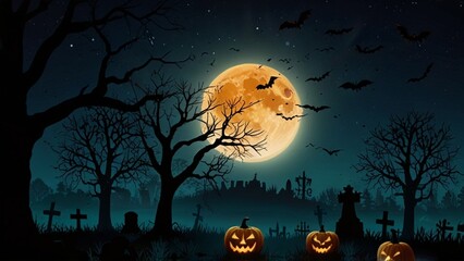 Haunted house halloween with fullmoon, bat, tree, grave, pumpin, elements for halloween greeting card