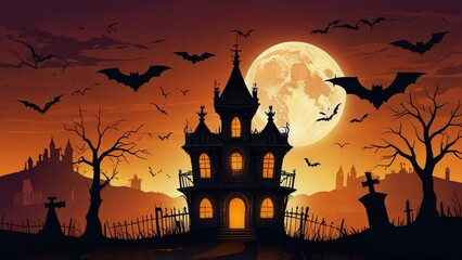 Halloween abandoned town, building silhouettes, danger pumpkins and flying bats at sunset sky vector background. Halloween trick or treat holiday spooky street with horror houses, creepy cemetery.