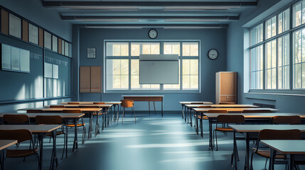 Fototapeta premium interior of a traditional style school classroom empty School classroom with desks chair