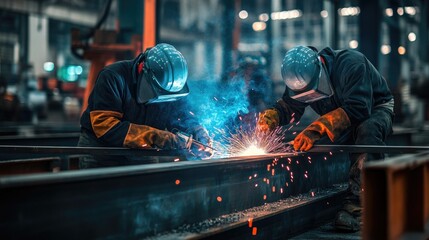 Two welders wearing protective gear welding metal beams in a factory.