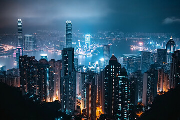 Fototapeta premium A panoramic view of a citys skyline at night