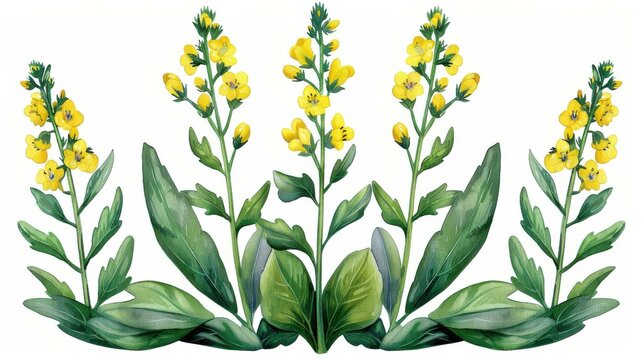 Discover the beauty of the common mullein plant, illustrated in stunning watercolor, highlighting its delicate flowers. A perfect blend of art and nature.
