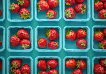 A photograph of strawberries in blue plastic containers arranged in a stack, creating an overhead view. Created with Ai