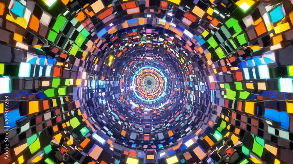 Poster exploring a vibrant tunnel of colorful patterns and lights in an abstract digital environment from a