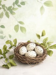 Fototapeta premium A beautiful nest containing speckled eggs surrounded by delicate green leaves, perfect for spring-themed projects.