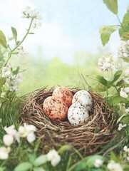Fototapeta premium A serene nest with colorful eggs surrounded by delicate flowers, symbolizing nature's beauty and new beginnings.
