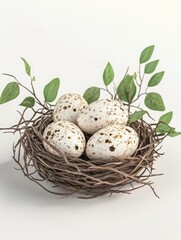 Obraz premium A charming nest with speckled eggs and green leaves, perfect for nature-themed compositions and springtime decorations.
