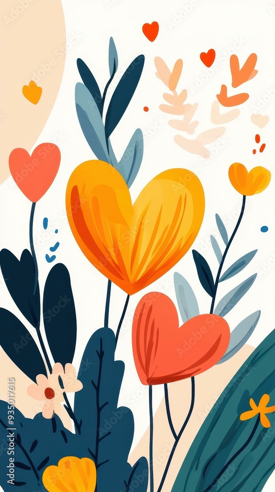 Poster Bright and colorful background full of flowers and hearts, perfect for adding a cheerful touch to any design or project.
