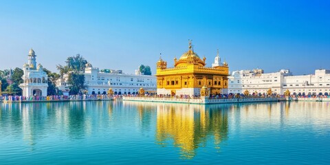 Abstract Sikh Pilgrims at Golden Temple: Minimalist Cultural Illustration of Amritsar's Sacred Pool. AI-Generated Design Featuring Elegant Gradients and Textures for Marketing, UI, and High-Resolution