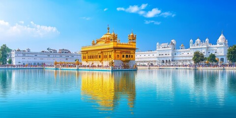 Abstract Sikh Pilgrims at Golden Temple: Minimalist Cultural Illustration of Amritsar's Sacred Pool. AI-Generated Design Featuring Elegant Gradients and Textures for Marketing, UI, and High-Resolution