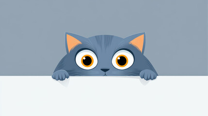 A charming grey cat peeks from behind a table, showcasing its quirky personality in a playful and artistic style.