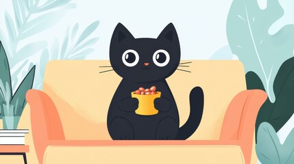 A sleek black cat lounges on a cozy couch, surrounded by stylish textures, adding charm to any modern space.
