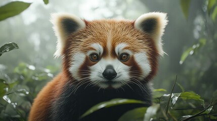 Naklejka premium Closeup of an endangered red panda in a misty forest, wildlife conservation, habitat preservation