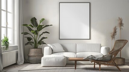 A modern interior scene featuring a mock-up poster frame, ideal for presenting artwork or photographs