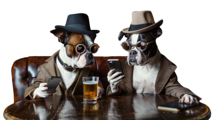 Two bulldogs in suits hats and glasses looking at a cell phone.Isolated image on a transparent background.Dogs in the image of English gentlemen sitting at the table