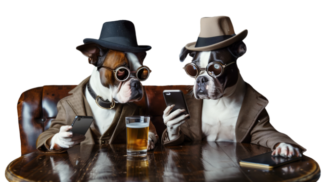 Two bulldogs in suits hats and glasses looking at a cell phone.Isolated image on a transparent background.Dogs in the image of English gentlemen sitting at the table