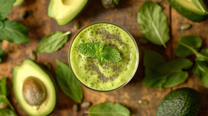 a healthy drink of sweet green avocado smoothie in a glass, set on a wooden table