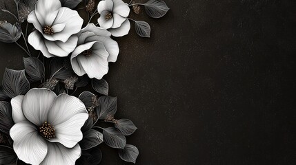 Elegant Minimalist Black and White Line Art Flowers in Monochrome Theme on Metal Background - HD Wallpaper with Fine Details and 3D Rendering