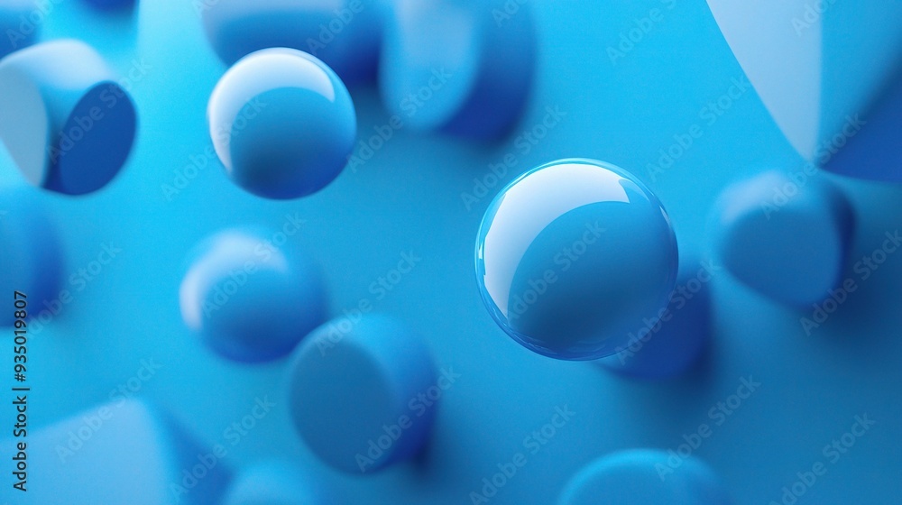 Poster blue abstract: floating blue spheres and geometric shapes create a mesmerizing abstract backdrop.
