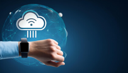 Illustration of Smart Watch Seamlessly Connecting to Cloud Network: Real-Time Data Exchange for Health, Fitness, and Communication 