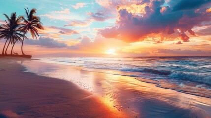 Tropical sea beach colorful sky sand sunset light. Relaxation landscape, horizon with palm trees and calm sea. Romantic couple seaside beach, shore coast nature. Gorgeous landscape, stunning sky , ai