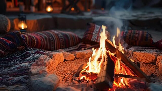 Warm and inviting campfire is burning brightly, surrounded by colorful pillows and blankets, creating a cozy and inviting atmosphere for a night of relaxation and storytelling
