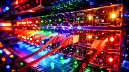 Obraz premium Red and Blue Network Cables Connected to a Server Rack
