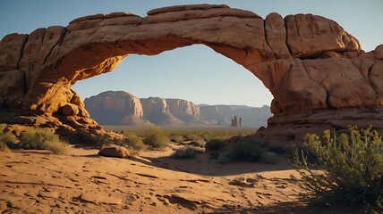 digital illustration depicting a desert landscape with towering rock formations, cartoonish with smooth lines and vibrant colors features two prominent, tall, and narrow rock pillars in the foreground